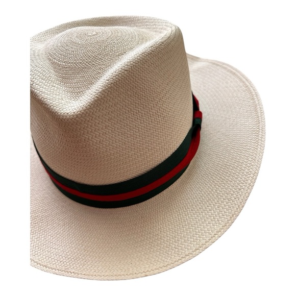 Handcrafted Straw Panama Style Hat with Green and Red Grosgrain Ribbon - Picture 7 of 7